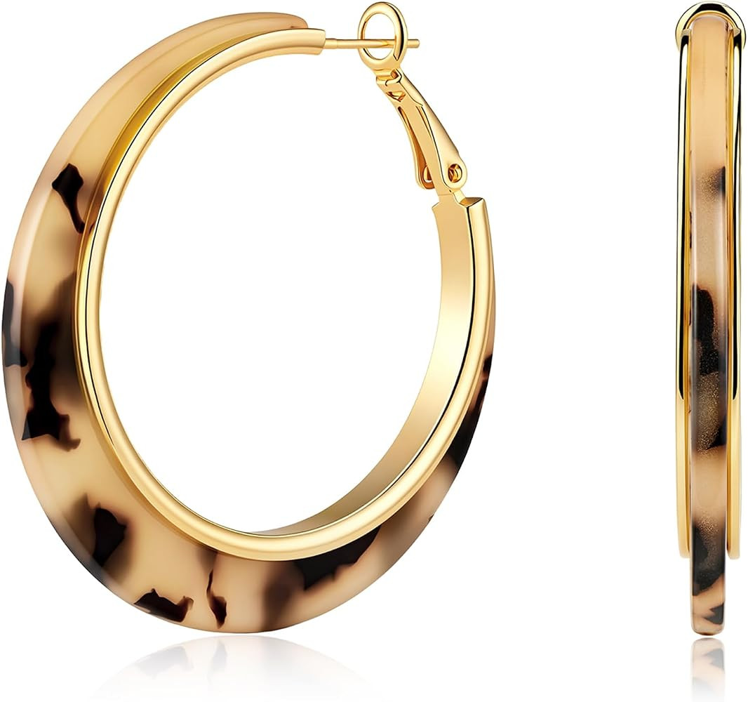 Chunky Hoop Earrings for Women, Tortoise Shell Leopard Hoops     Tortoise Shell Pattern; 18K Gold... | Amazon (US)
