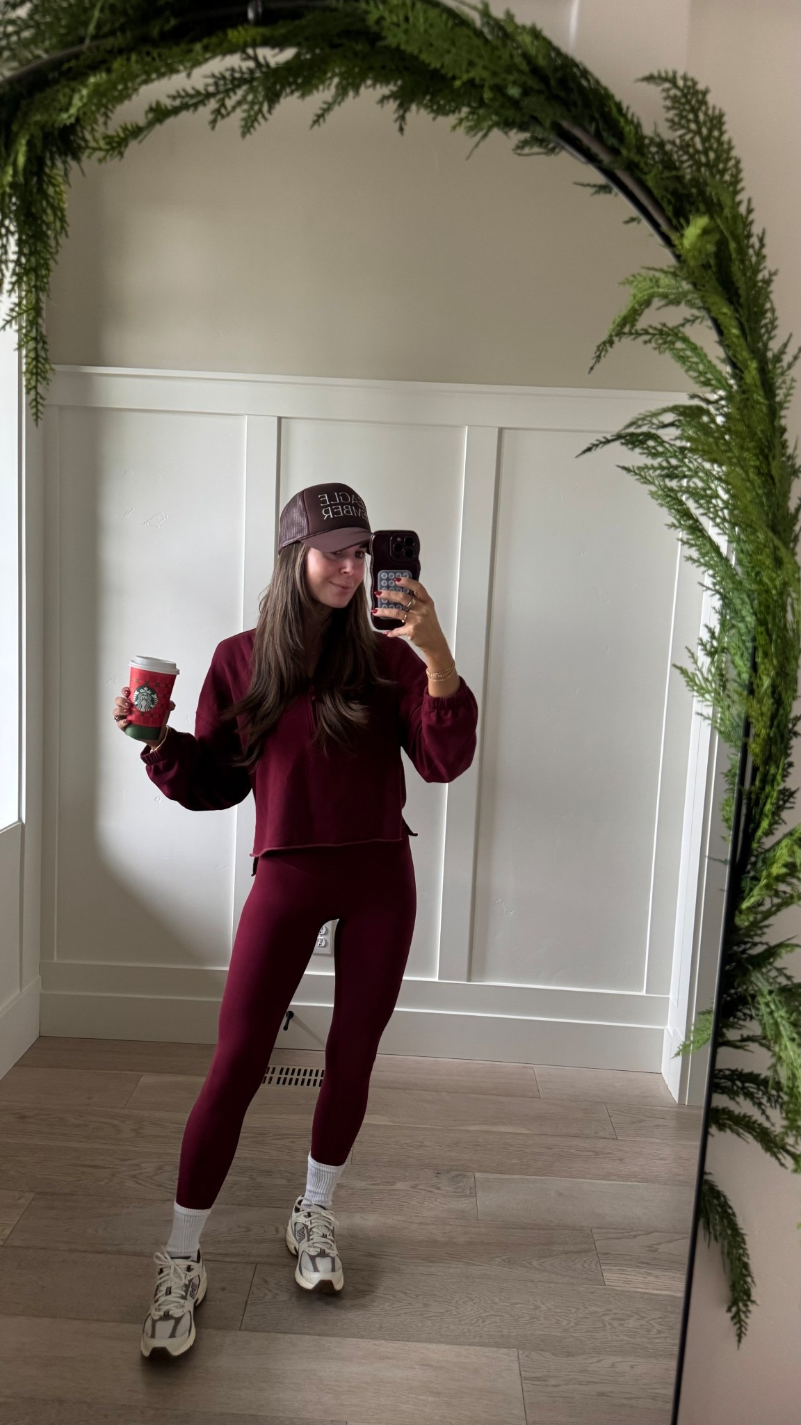 My fave deep cherry workout set! It’s so soft like buttery and so flattering!! Wearing an xs in the top, small in the workout bra and small in the leggings! Also my new balances are so good!!! Loving this color 