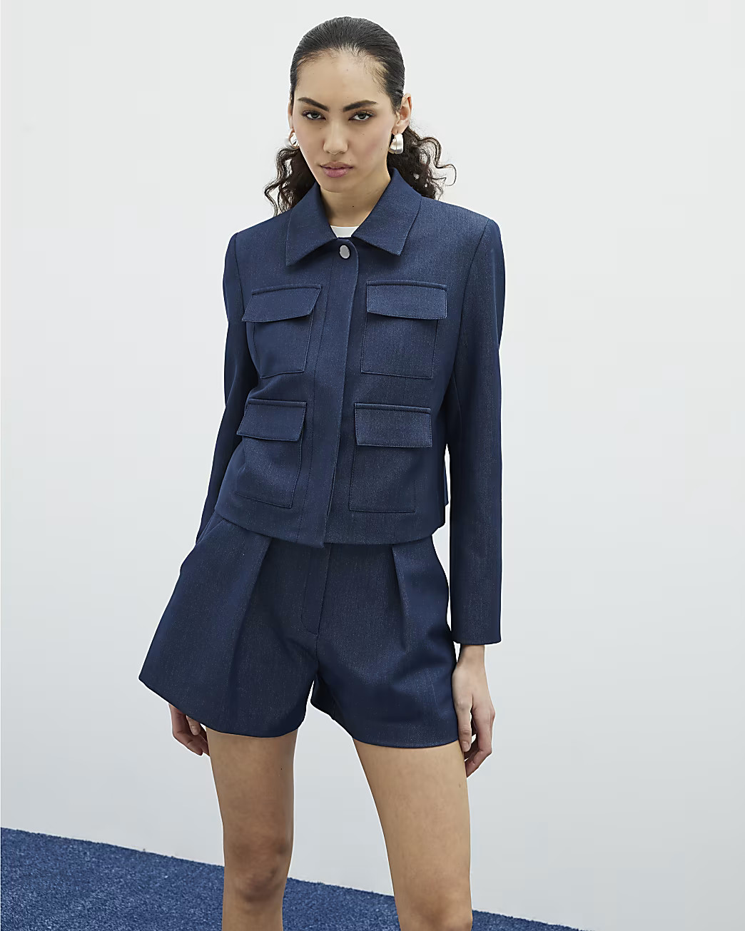 Blue Denim Collar 4 Pocket Military Jacket | River Island UK & IE