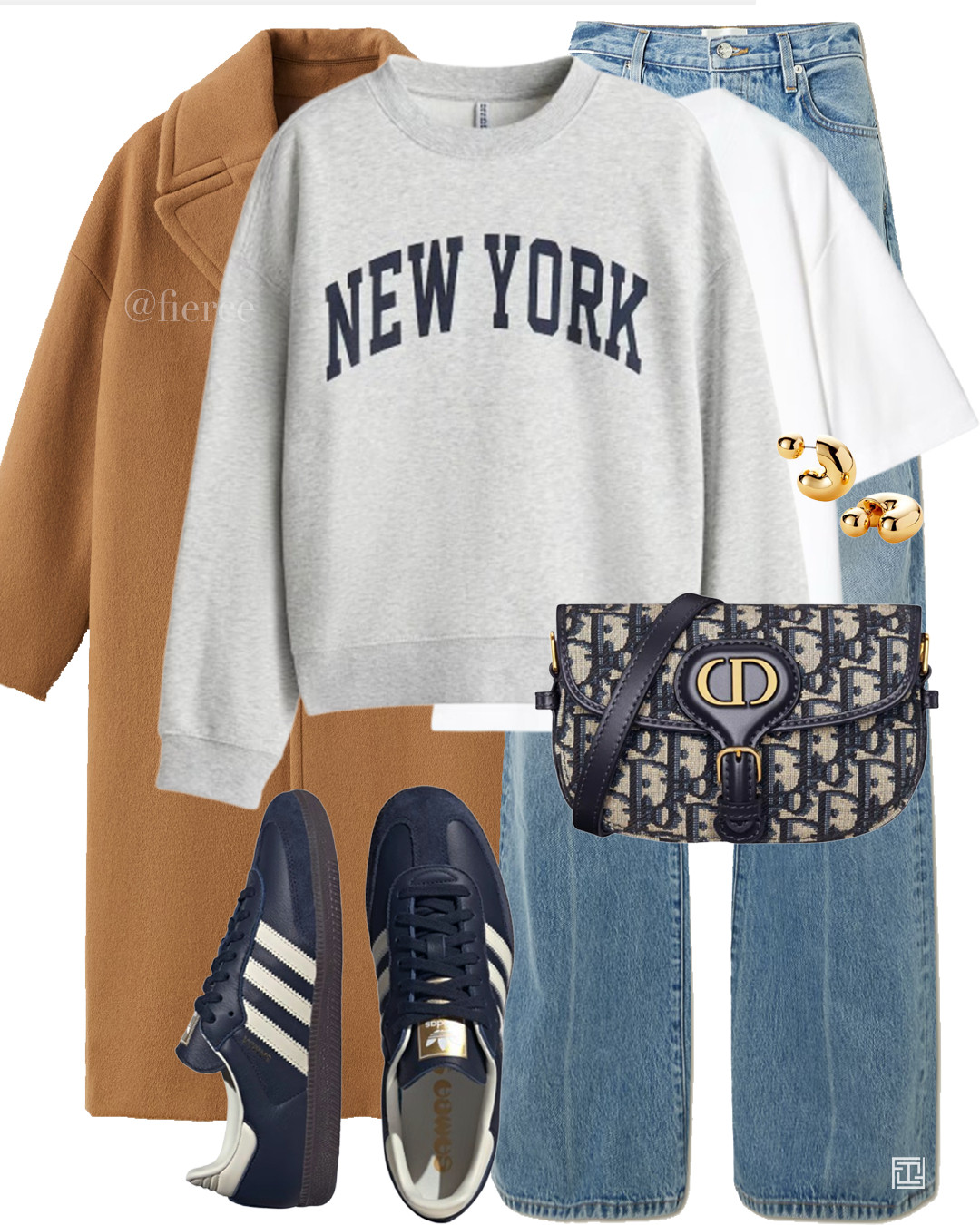 tan brown wool coat blue loose jeans white tshirt navy adidas samba sneakers dior cross body bag grey and navy New York sweatshirt white tshirt casual weekend city break travel coffee lunch shopping outfit 

 #LTKuk #LTKautumn #LTKwinter