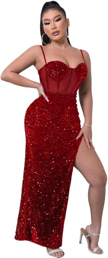 Women's Dress Sundresses for Women Contrast Sequin Mesh Panel Split Thigh Maxi Cami Dress Women's... | Amazon (US)