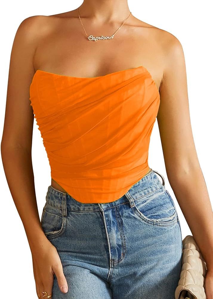 SansoiSan Women's Vintage Sexy Strapless Mesh Bustier Off The Shoulder Zipper Back Boned Corset C... | Amazon (US)