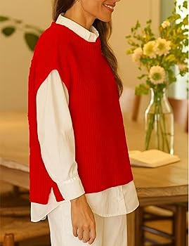 Dapoola Womens Cap Sleeve Sweater Vest Fall Ribbed Knit Sleeveless Crewneck Casual Pullover Tops | Amazon (US)