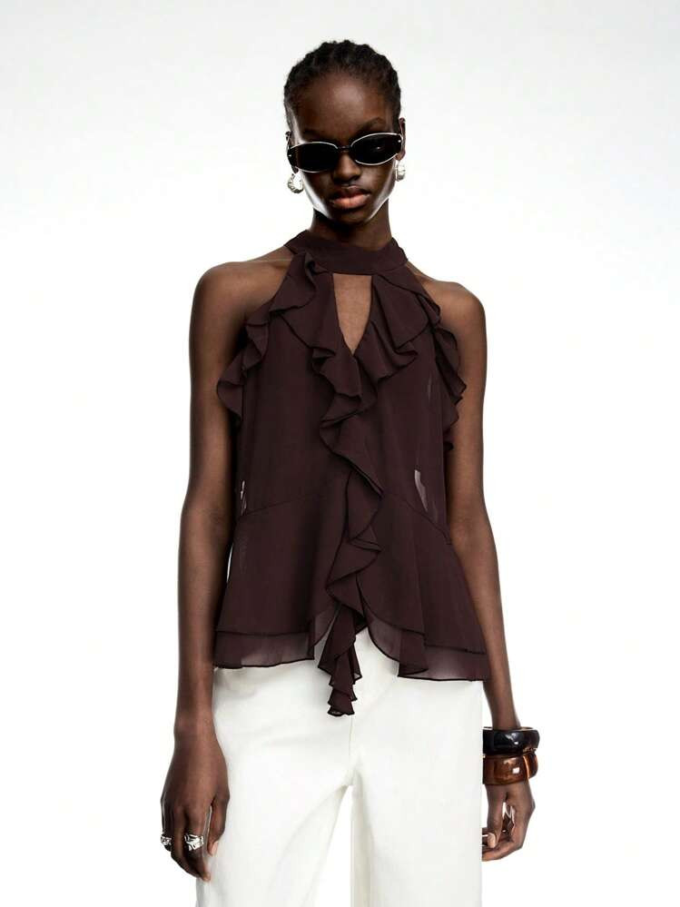 LYSMO 2025 New Arrival Brown Ruffle Chiffon Halter Top With Tie \u2013 Boho Summer Style | SHEIN