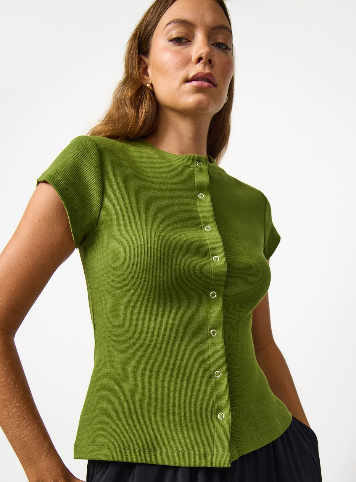 Green Button Through Capped Sleeve Ribbed T-Shirt 10 | Tu Clothing