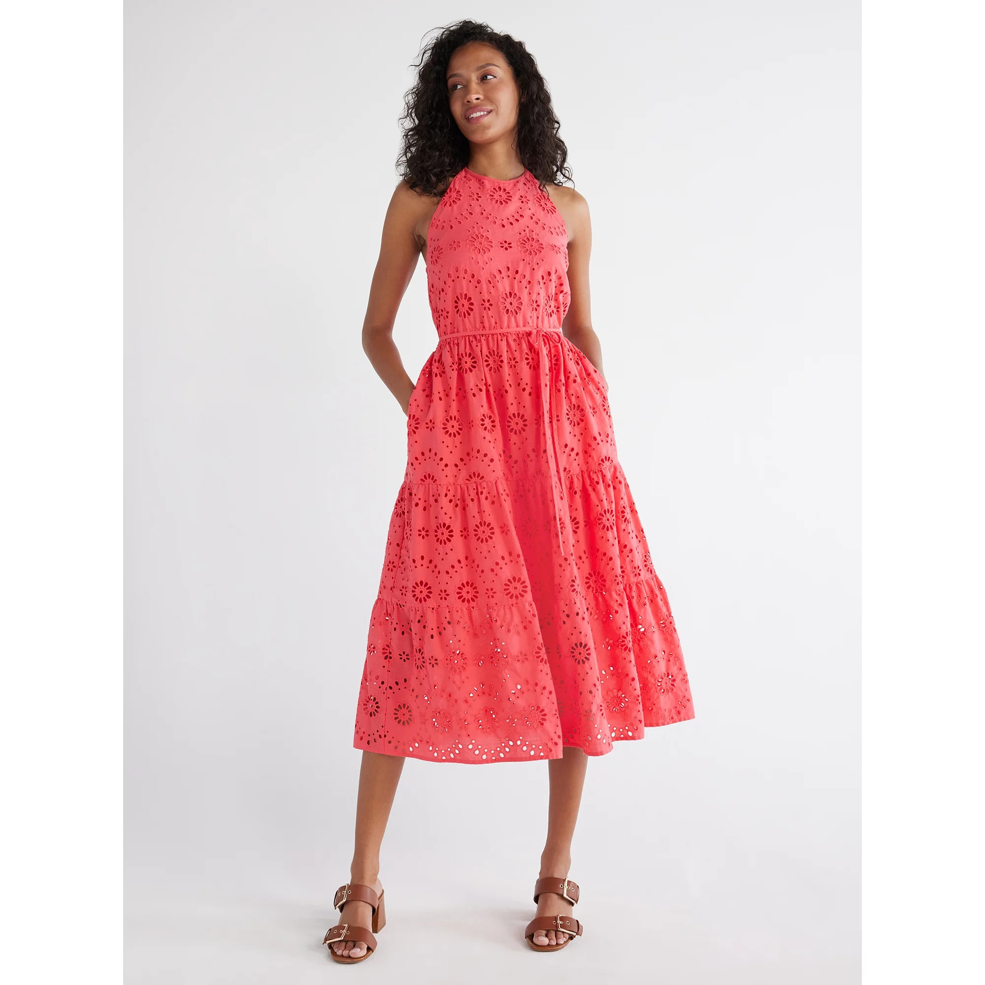 Time and Tru Women's Eyelet Halter Midi Dress with Tiered Skirt, Sizes XS-XXXL | Walmart (US)