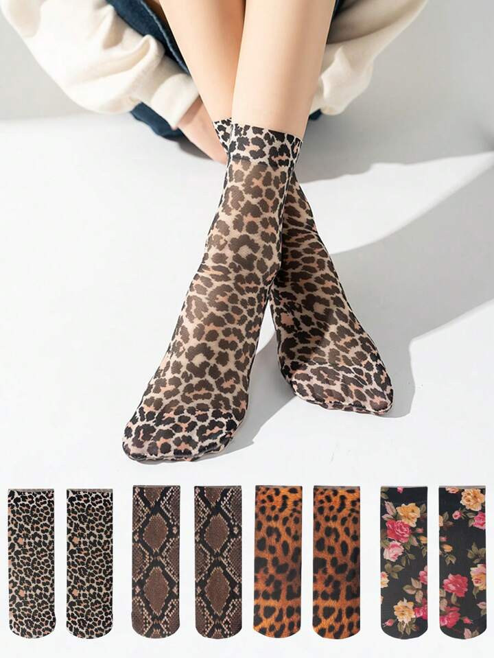 4 Pairs Women's Retro Snake Skin, Tiger Stripe, Leopard Print, Floral Pattern Crew Socks, Fashion... | SHEIN