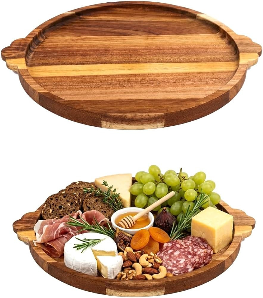 Acacia Wood Round Serving Tray, 15.2" Charcuterie Board with Handles, Wooden Cheese Boards for Ki... | Amazon (US)