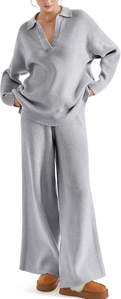 SUUKSESS Women 2 piece Fall outfits Matching Lounge Set Waffle Knit Sweater sets | Amazon (US)