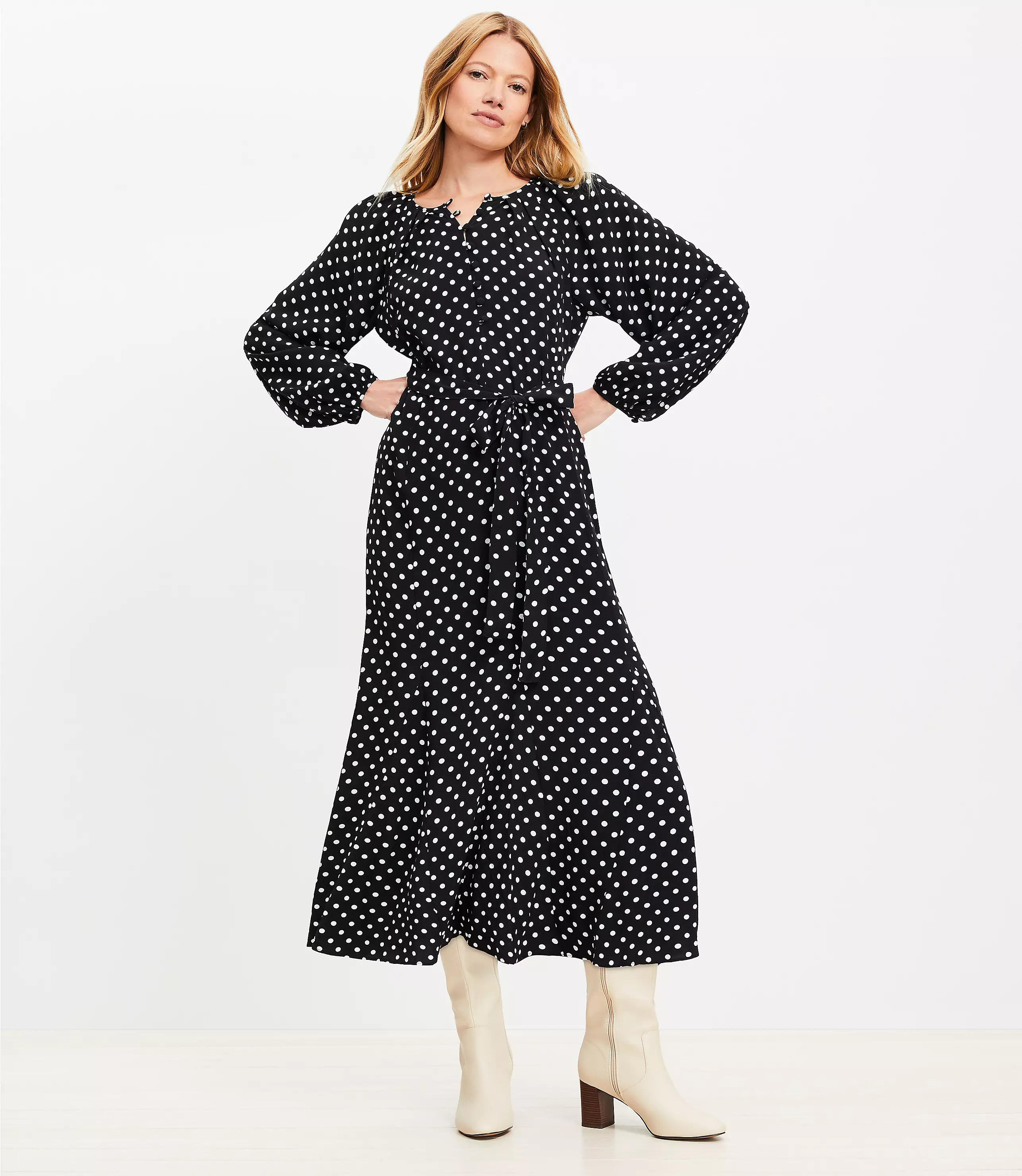 Dotted Button Godet Midi Dress | LOFT