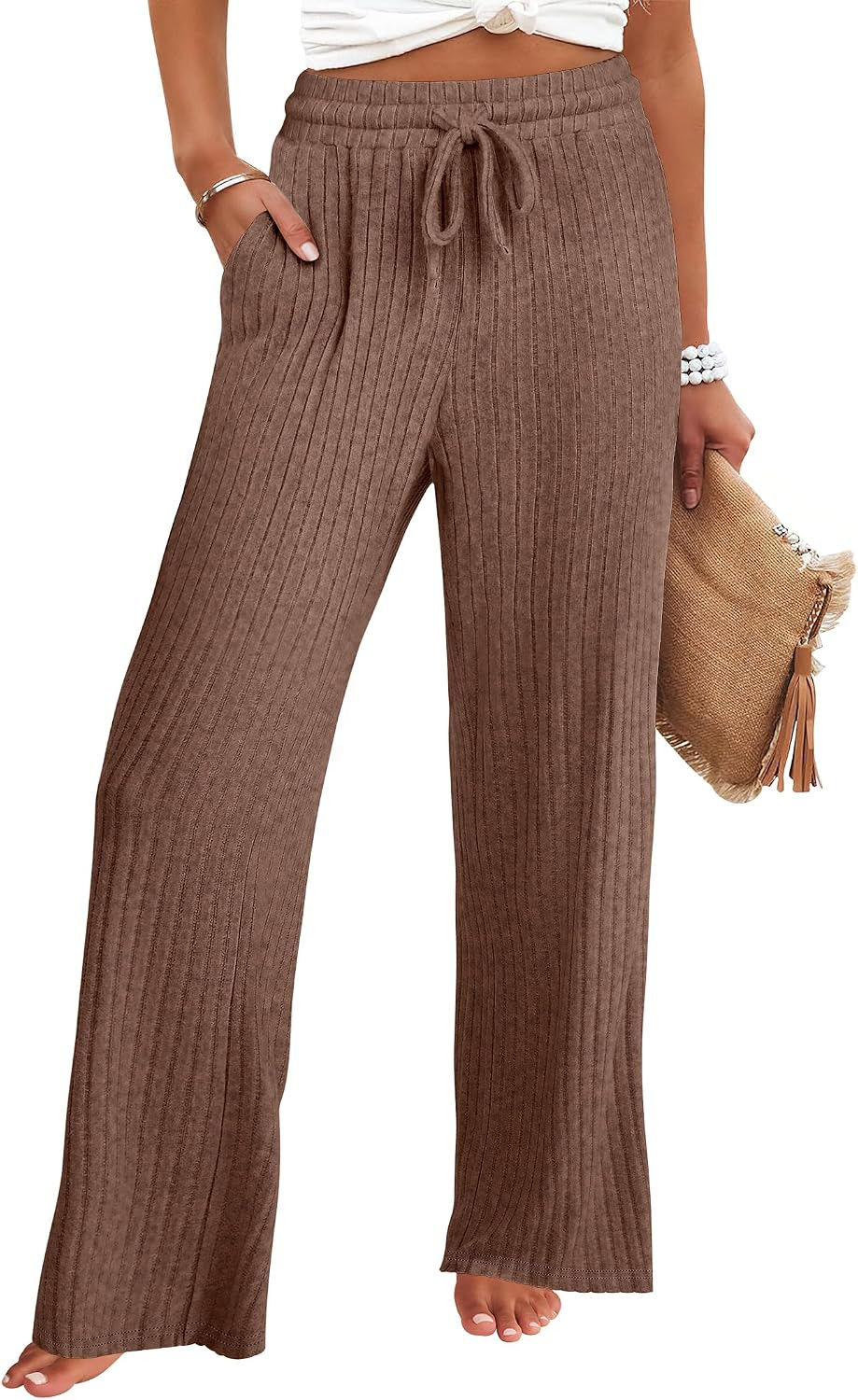 ANRABESS Women Ribbed Knit Wide Leg Lounge Pajama Pants with Pockets | Amazon (US)