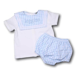 Blue Check Knit Square Collar Diaper Set | Cecil and Lou