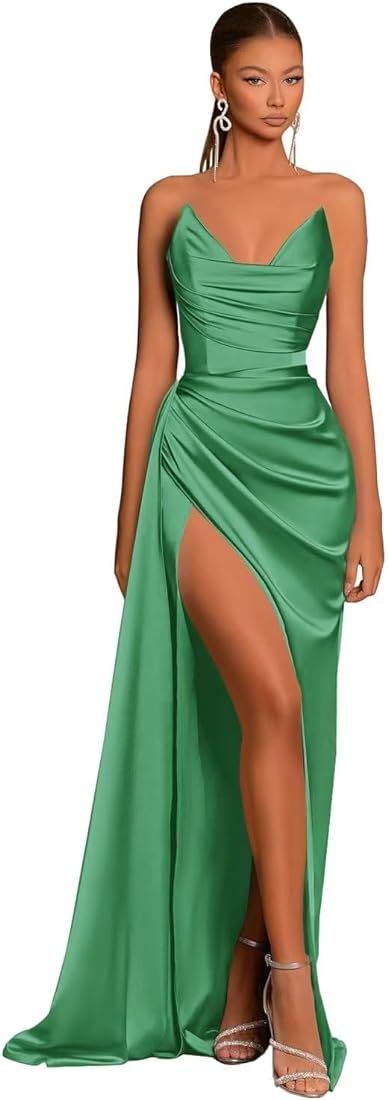 Eightale Satin Strapless V-Neck Long Prom Dress Tight Ruched Formal Party Dress | Amazon (US)