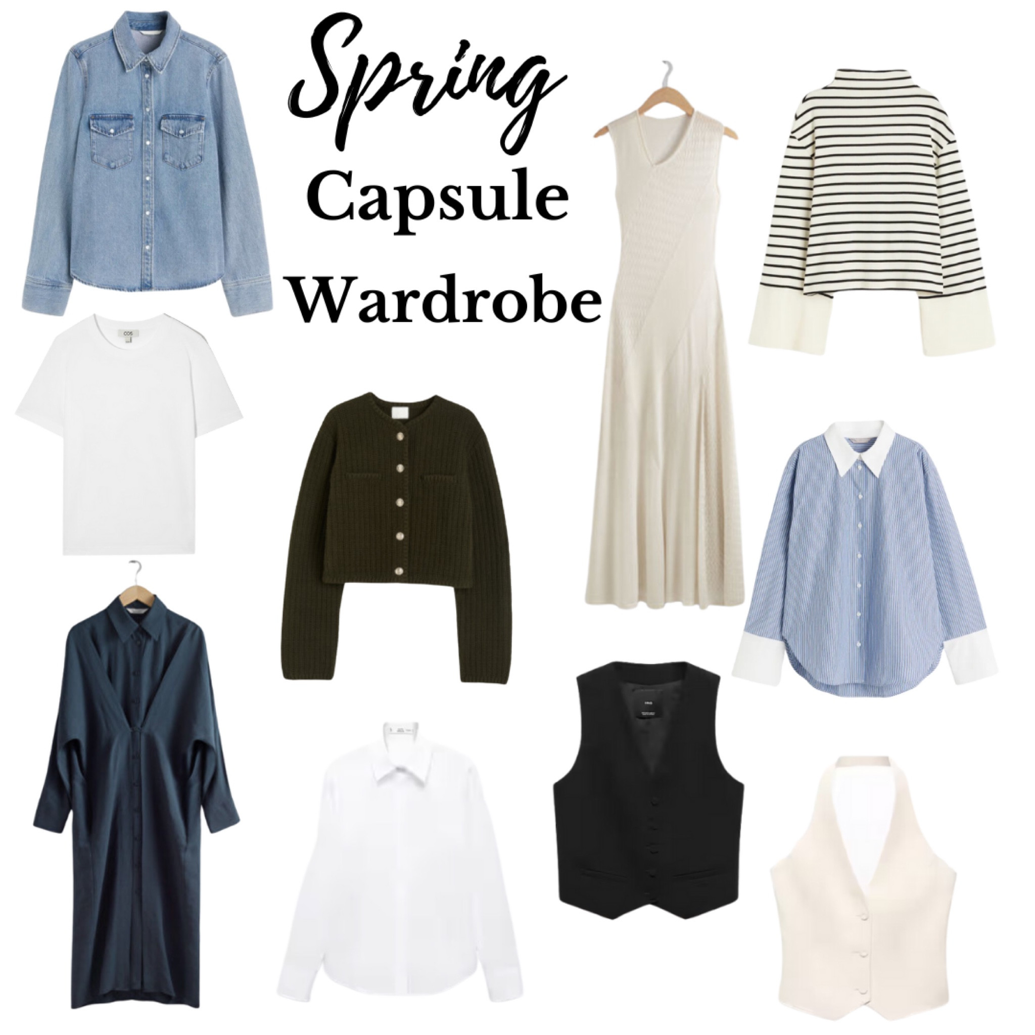 Spring 2024 Capsule wardrobe pieces featuring denim jacket, striped sweater,lady coat, button up shirt, shirt dress, midi dress, white t-shirt, buttoned cardigan.

#LTKworkwear #LTKSeasonal #LTKstyletip