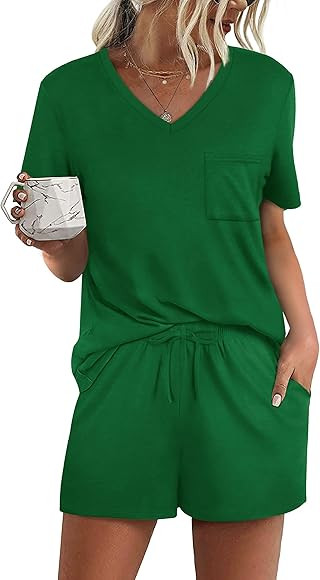 RUBZOOF Women's Short Sleeve Pajama Sets with Pockets Casual V Neck 2 Piece Lounge Sets S-2XL | Amazon (US)
