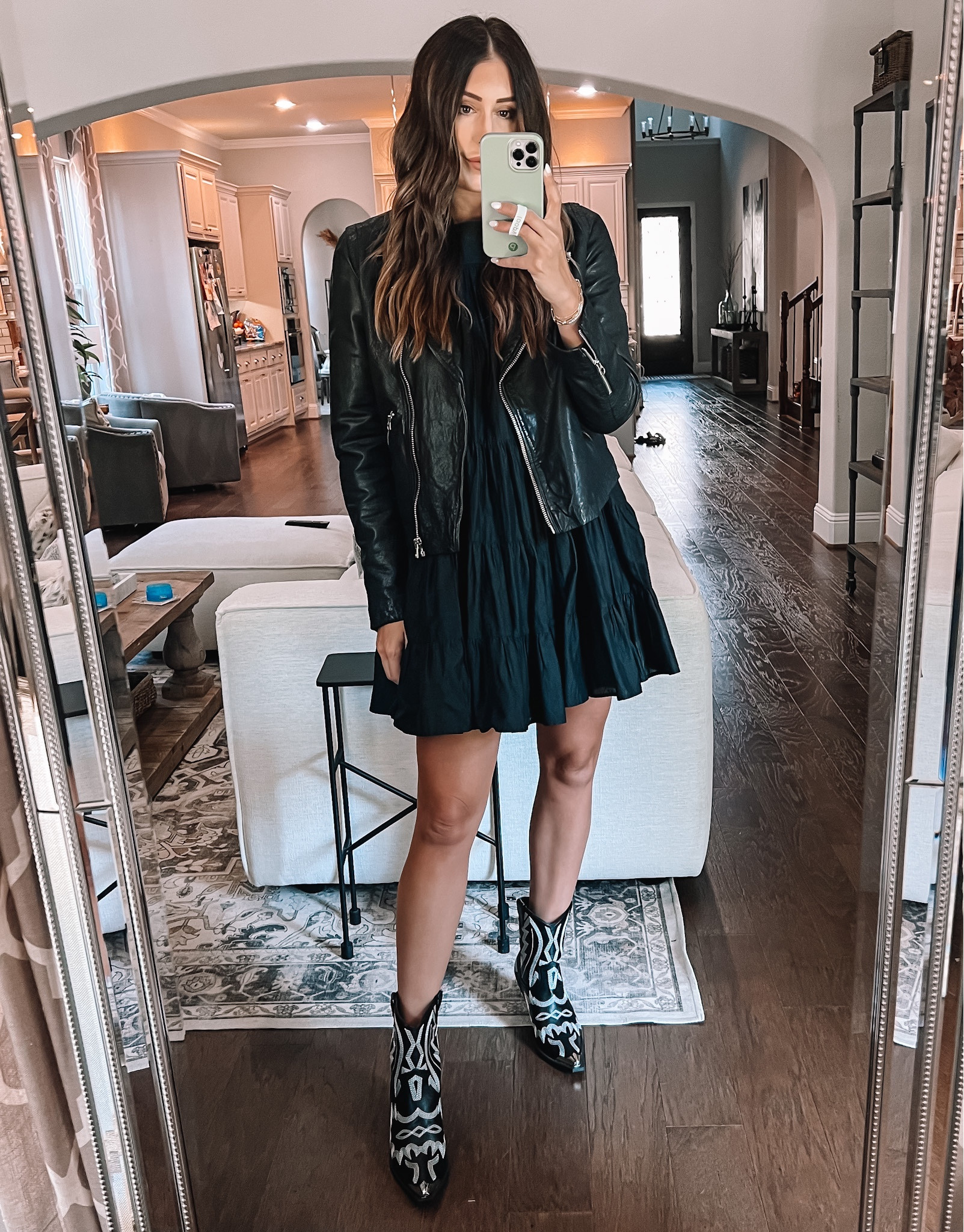 Medium in dress, large in leather jacket 

#LTKshoecrush #LTKstyletip #LTKSeasonal