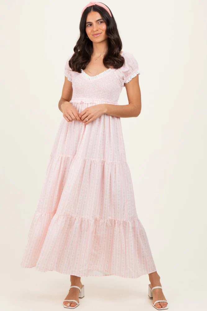 Light Pink Floral Lace Trim Tiered Maxi Dress | PinkBlush Maternity