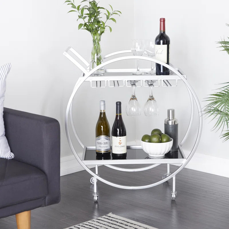 Willa Arlo Interiors Metal Rolling 2 Mirrored Shelves Bar Cart with Wine Glass Storage and Handle... | Wayfair North America