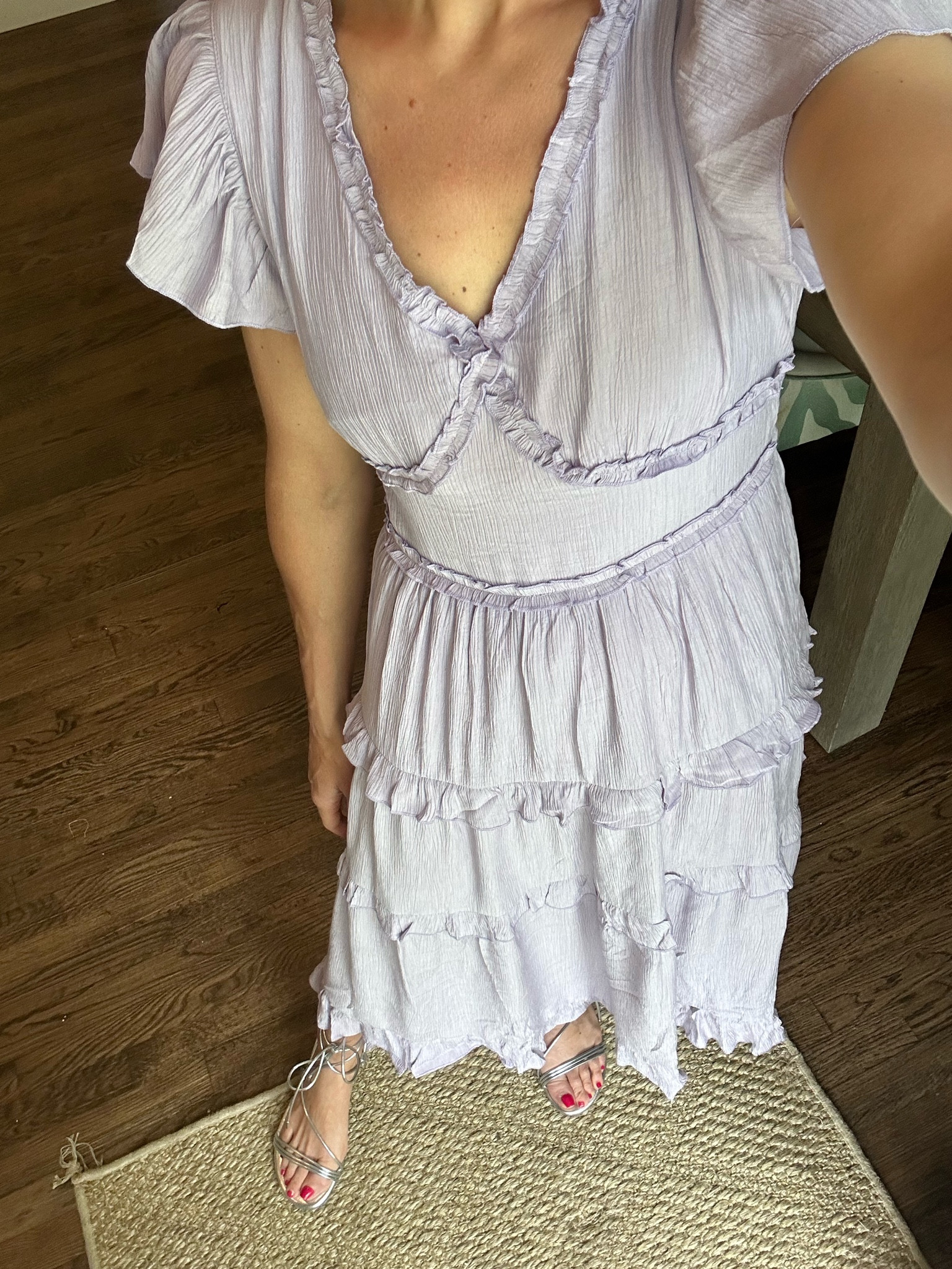 Lavender dress 
Silver lace up sandals 


#LTKunder50 #LTKshoecrush #LTKstyletip