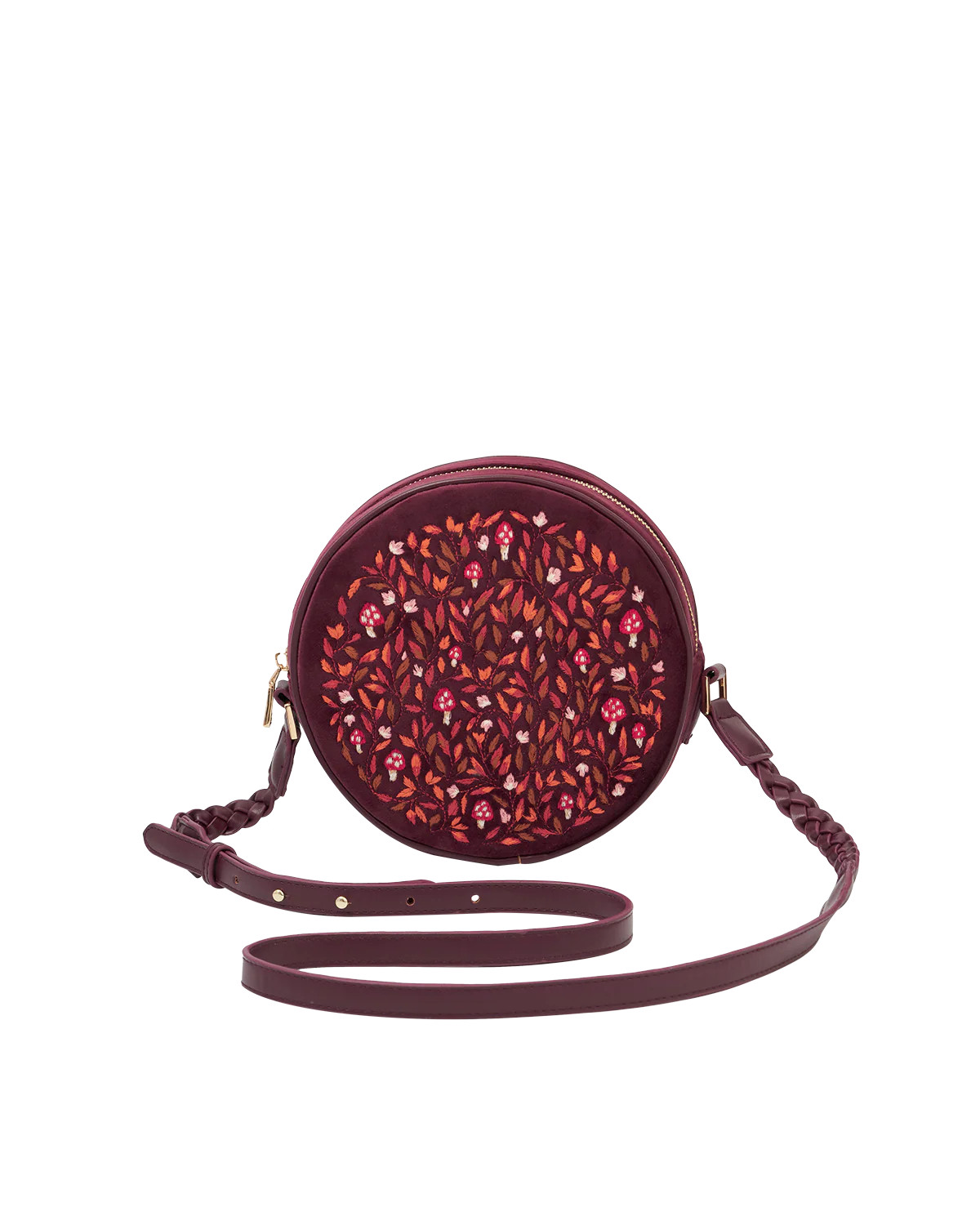 Magical Mushroom Embroidered Burgundy Velvet Circle Bag | Fable England