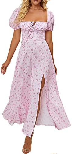Women's Summer Puff Sleeve Floral Split Maxi Dress Flowy A Line Casual Beach Long Dresses 2026 | Amazon (US)
