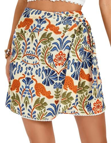 Kate Kasin Women's Boho Mini Skirts Floral Wrap Tie Skirt Elastic High Waisted Summer Casual Beac... | Amazon (US)