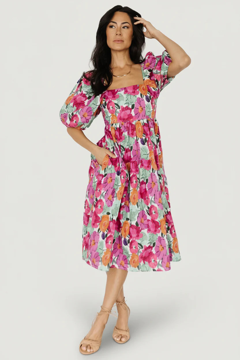 Aimee Puff Sleeve Midi Dress, Pink Multi | Baltic Born | Baltic Born