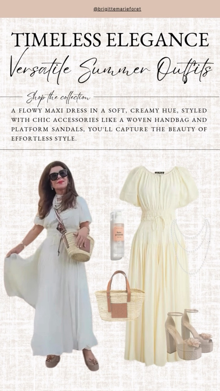 A flowy maxi dress in a soft, creamy hue, styled with chic accessories like a woven handbag and platform sandals, you'll capture the beauty of effortless style.

#LTKVideo #LTKStyleTip #LTKSeasonal