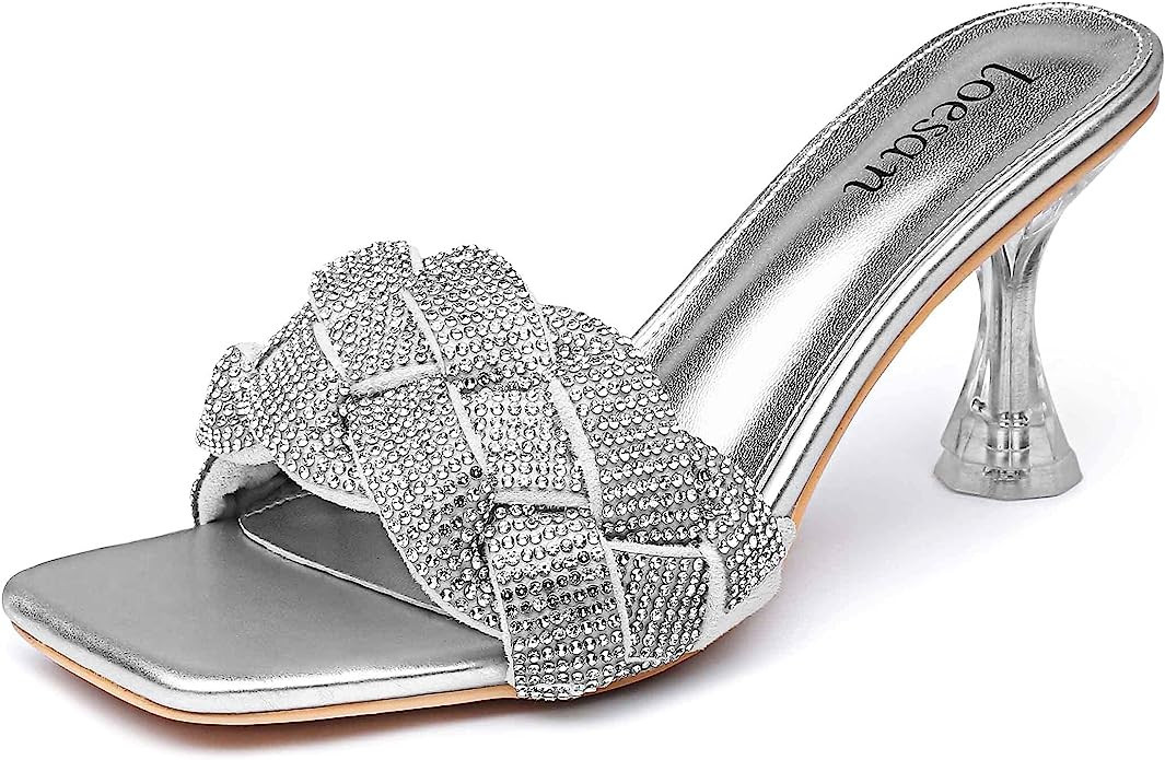 loesan Women's Rhinestone Braided Heels Sandals Open Square Toe Stilettos Heels Clear Lucite Heel... | Amazon (US)
