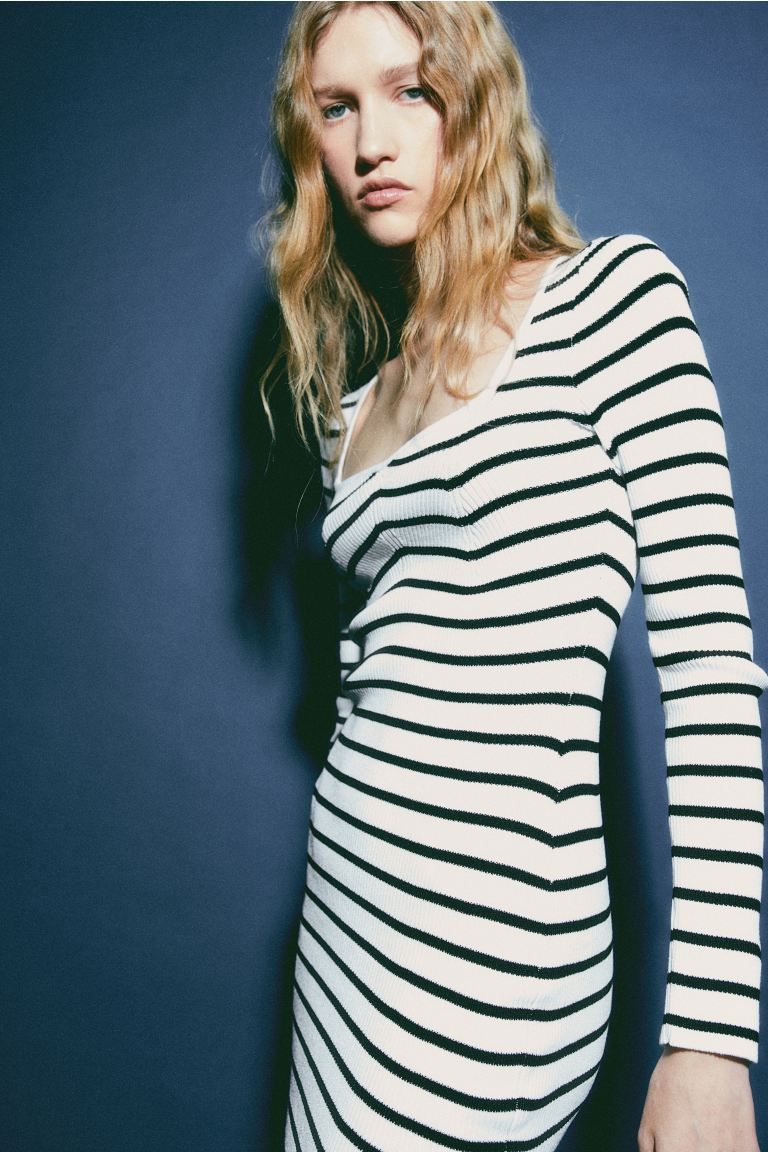 Rib-knit Sweetheart-neck Bodycon Dress - White/striped - Ladies | H&M US | H&M (US + CA)