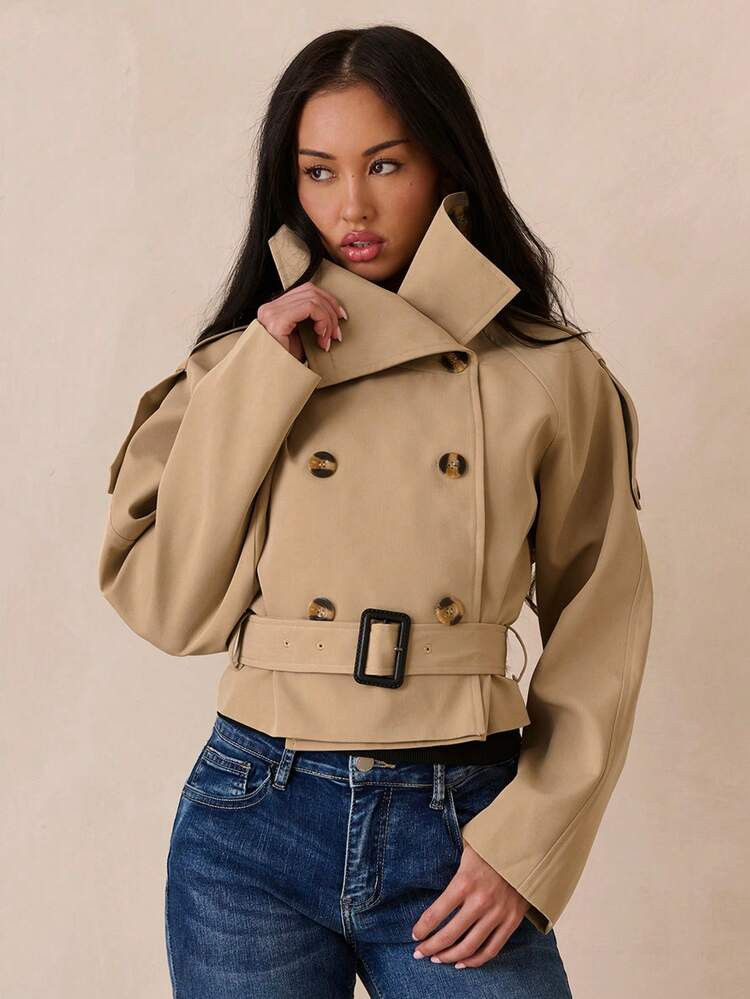 SHEIN Glamour Women's Khaki High Collar Windbreaker, Elegant Casual Short Straight Loose Fit Double-Breasted Trench Coat, Spring/Summer Women's Jacket Women Coats Outerwear Women | SHEIN