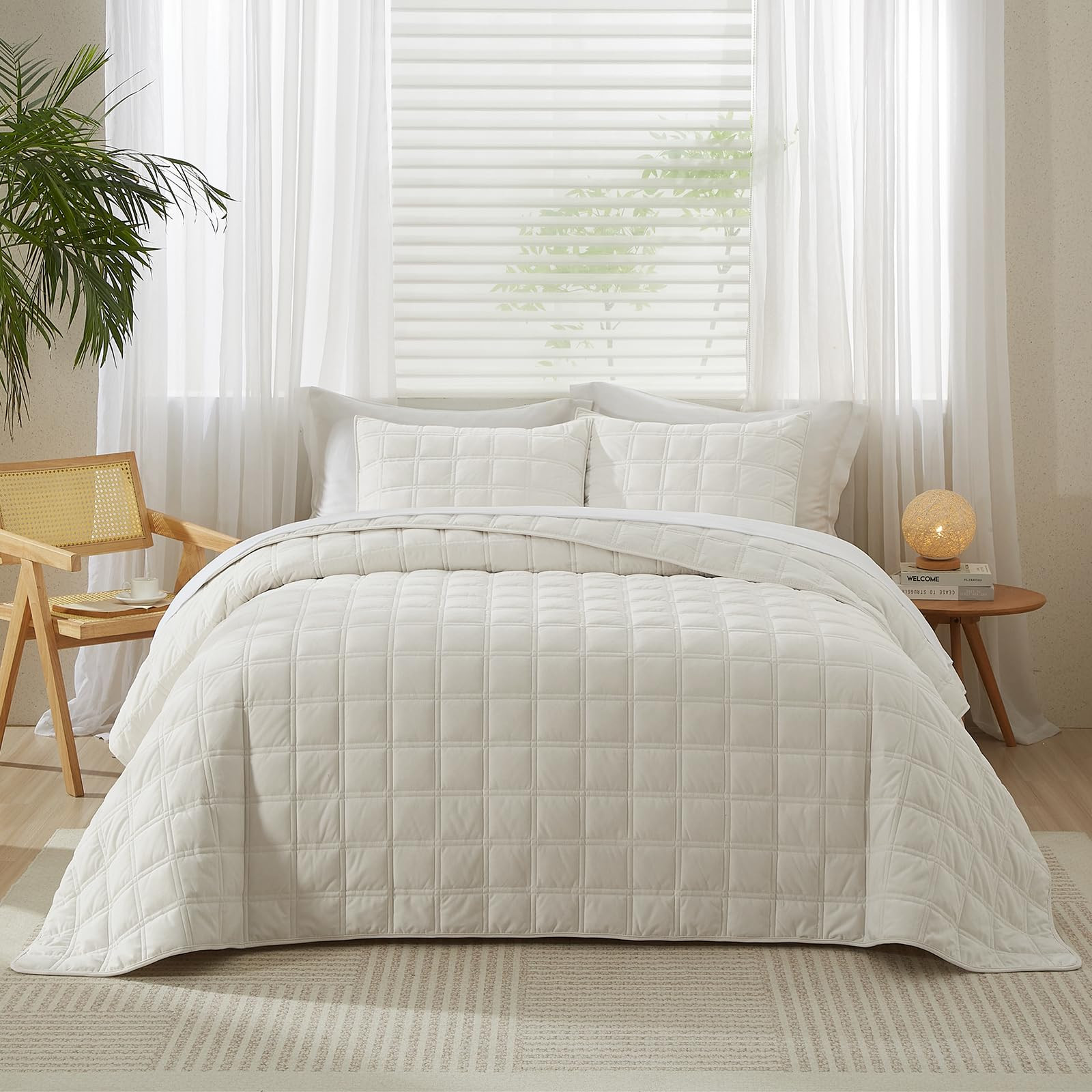 Velvet King/Cal.King Size Quilt Set 3 Pieces, Lightweight Soft Bedspread Coverlet, Beige Brown, D... | Amazon (US)