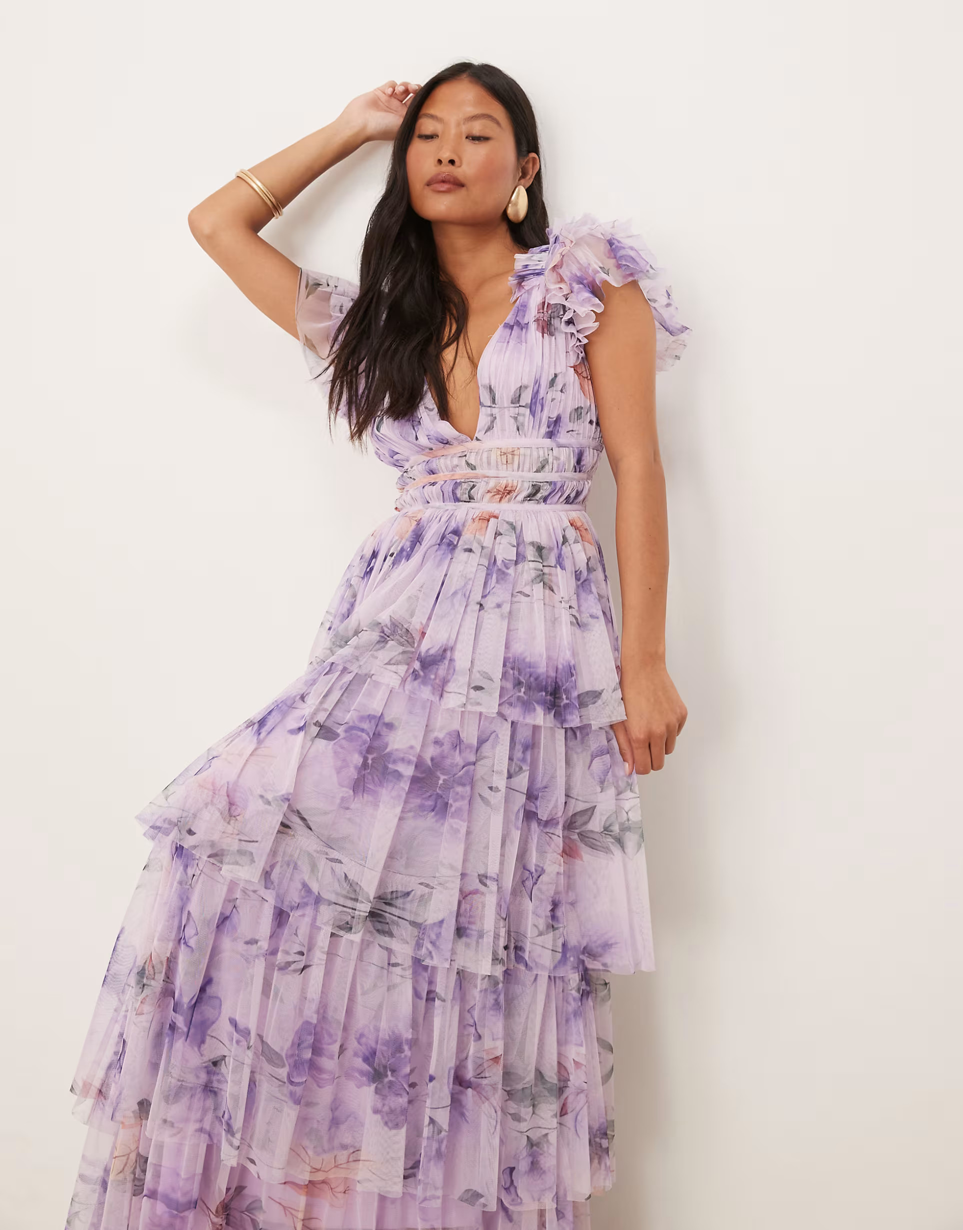 Lace & Beads Petite ruffle shoulder tiered tulle maxi dress in lilac floral | ASOS (Global)