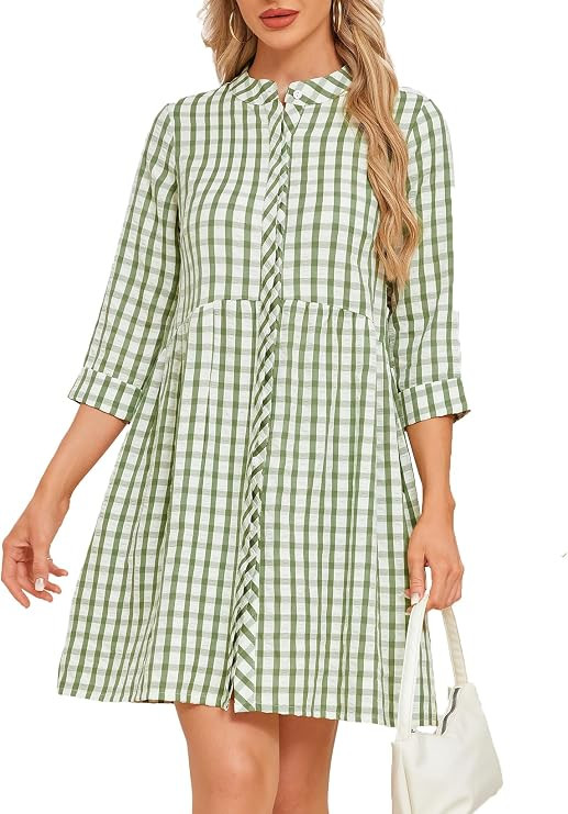 Ladyful Women's Summer Gingham Dress Crewneck 3/4 Sleeve Retro Plaid Hidden Button Tunic Shirt Mi... | Amazon (US)