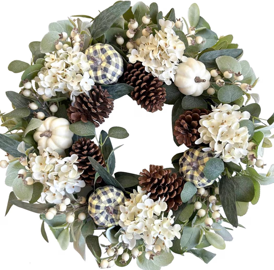 TEMPUS Artificial 24 Inch Handcrafted Fall Wreath with Hydrangeas, Pumpkins & Eucalyptus - Natura... | Amazon (US)