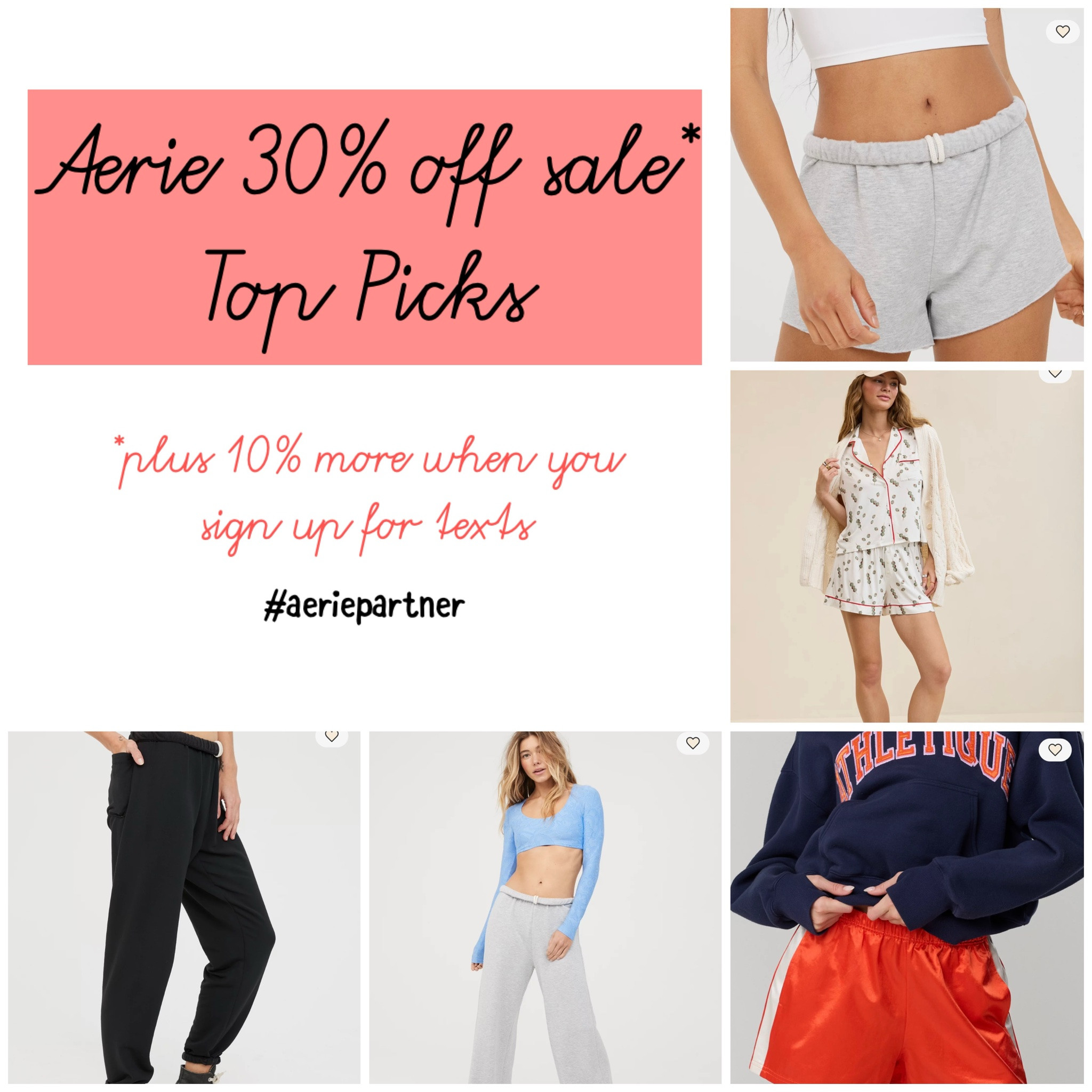 Aerie is still running their 30% off sale, plus an additional 10% off when you sign up for texts. Our top pick is the seersucker nightie in the previous post, but here are some of our other faves:
1. OFFLINE by Aerie OTT Fleece Jogger: Runs big; size down! Available in black and grey.
2. OFFLINE by Aerie OTT Fleece Super Wide Leg Pant: Also available in black and grey
3. OFFLINE by Aerie OTT Fleece Short: Online exclusive!
4. Aerie Real Soft Short Sleeve Pajama Shirt: Comes in lots of fun prints (our favorite is this olive one 🫒), and also has matching shorts. Could also definitely be worn out of the house as a beach vacation set.
5. OFFLINE by Aerie Satin Track Short: Available in orange (pictured), navy, army green, and black.