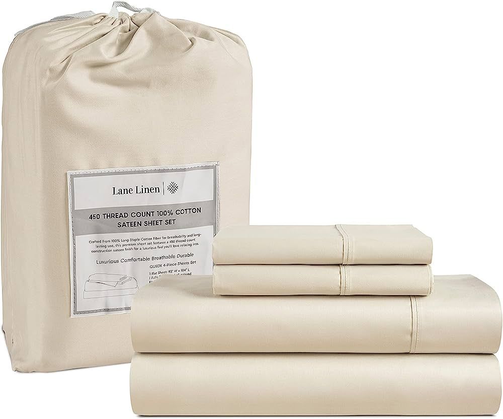 LANE LINEN Queen Sheet Set, 4 Pc Queen Size Sheets Set, 450 Thread Count 100% Cotton Sheets, Cool... | Amazon (US)