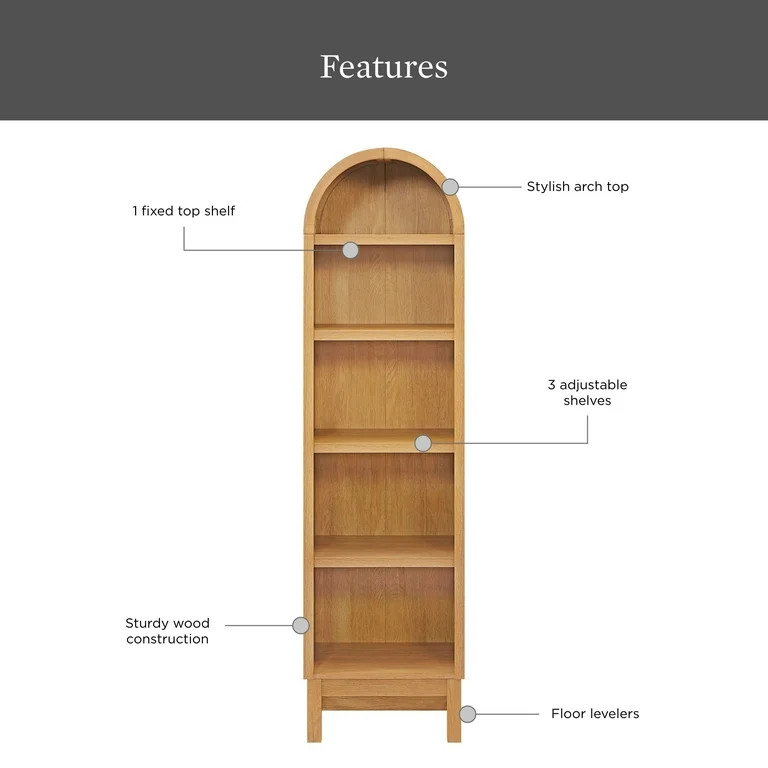 Better Homes & Gardens Juliet Narrow Arch Bookcase, Light Honey Wood Finish | Walmart (US)