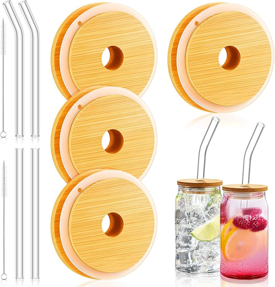 16oz Beer Glasses Lids with Straw Hole Drinking Glass Cups Anticorrosion Beer Can Cups Lids Bamboo L | Amazon (US)