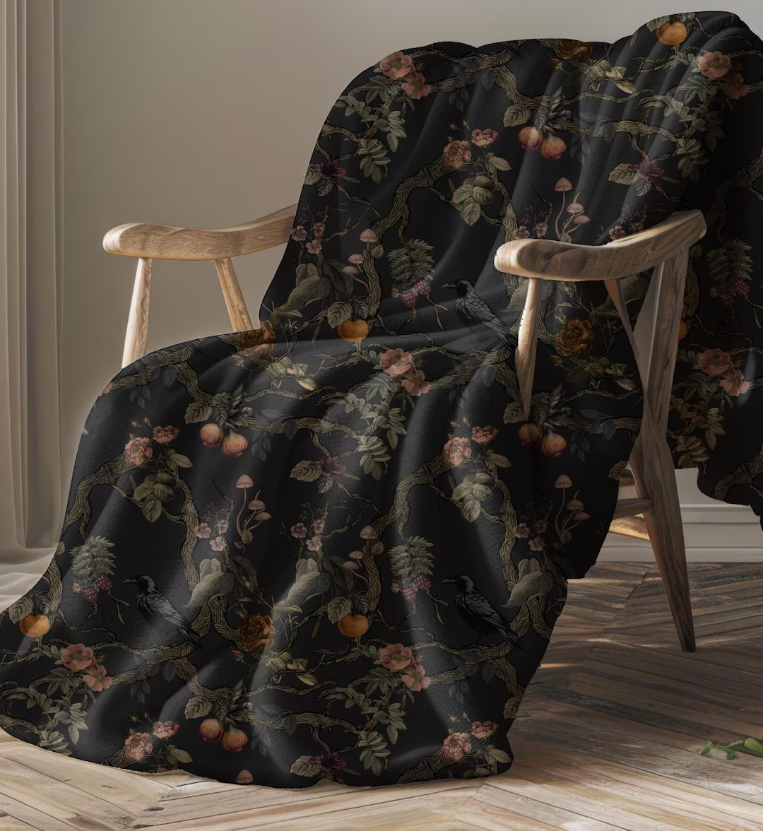 Gothic Chinoiserie Throw Blanket | Moody Dark Botanical Raven Tapestry | Cottagecore Cozy Victori... | Etsy (US)