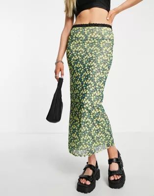 Topshop lace top jersey mesh ditsy midi skirt in green | ASOS (Global)