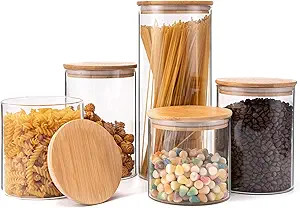 Glass Storage Jars [Set of 5]-Clear Glass Food Storage Containers with Airtight Bamboo Lid Stacka... | Amazon (US)