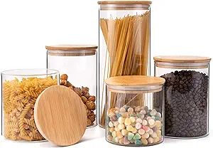 Glass Storage Jars [Set of 5]-Clear Glass Food Storage Containers with Airtight Bamboo Lid Stacka... | Amazon (US)