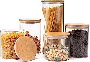 Glass Storage Jars [Set of 5]-Clear Glass Food Storage Containers with Airtight Bamboo Lid Stacka... | Amazon (US)