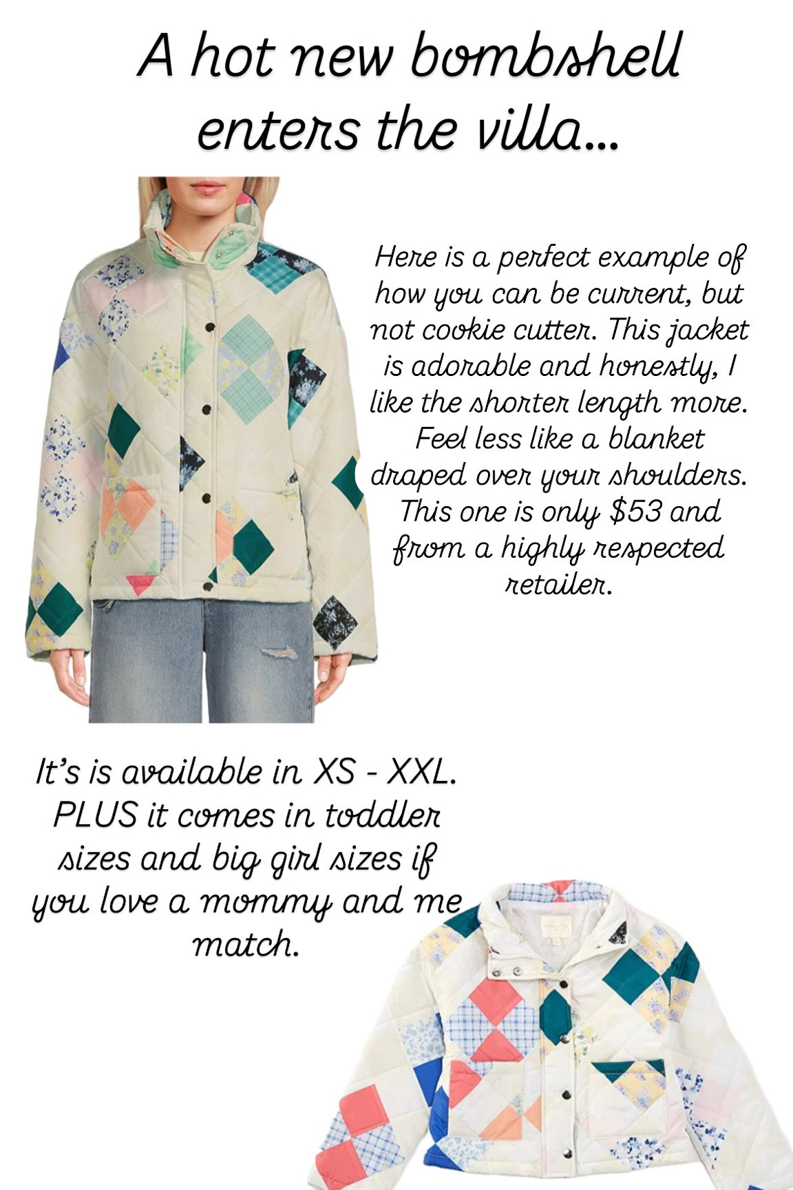 The cutest quilted patchwork jacket for spring! Plus it comes in a mommy and me match. 

#LTKMidsize #LTKSeasonal #LTKFamily