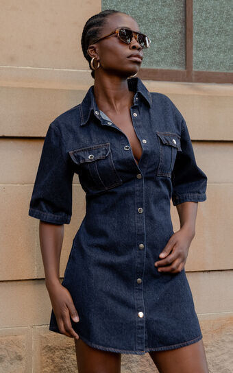 Leilani Mini Dress - Denim Short Sleeve Button Up Dress in Indigo Denim | Showpo (US, UK & Europe)
