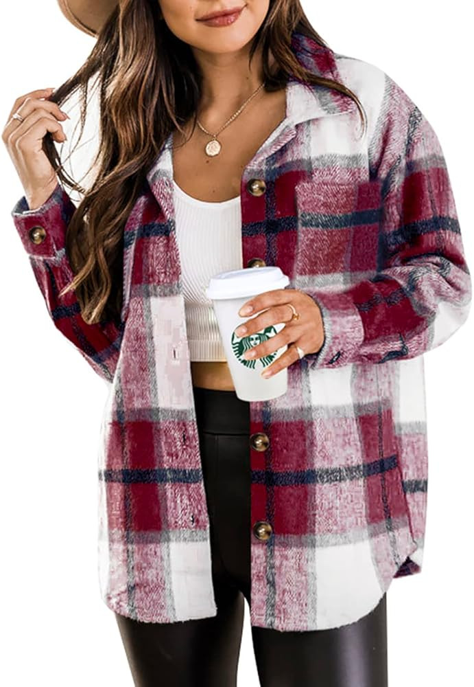 Beaully Women's 2025 Fall Clothes Plaid Shacket Jacket Long Sleeve Button Down Flannel Shirts Fas... | Amazon (US)