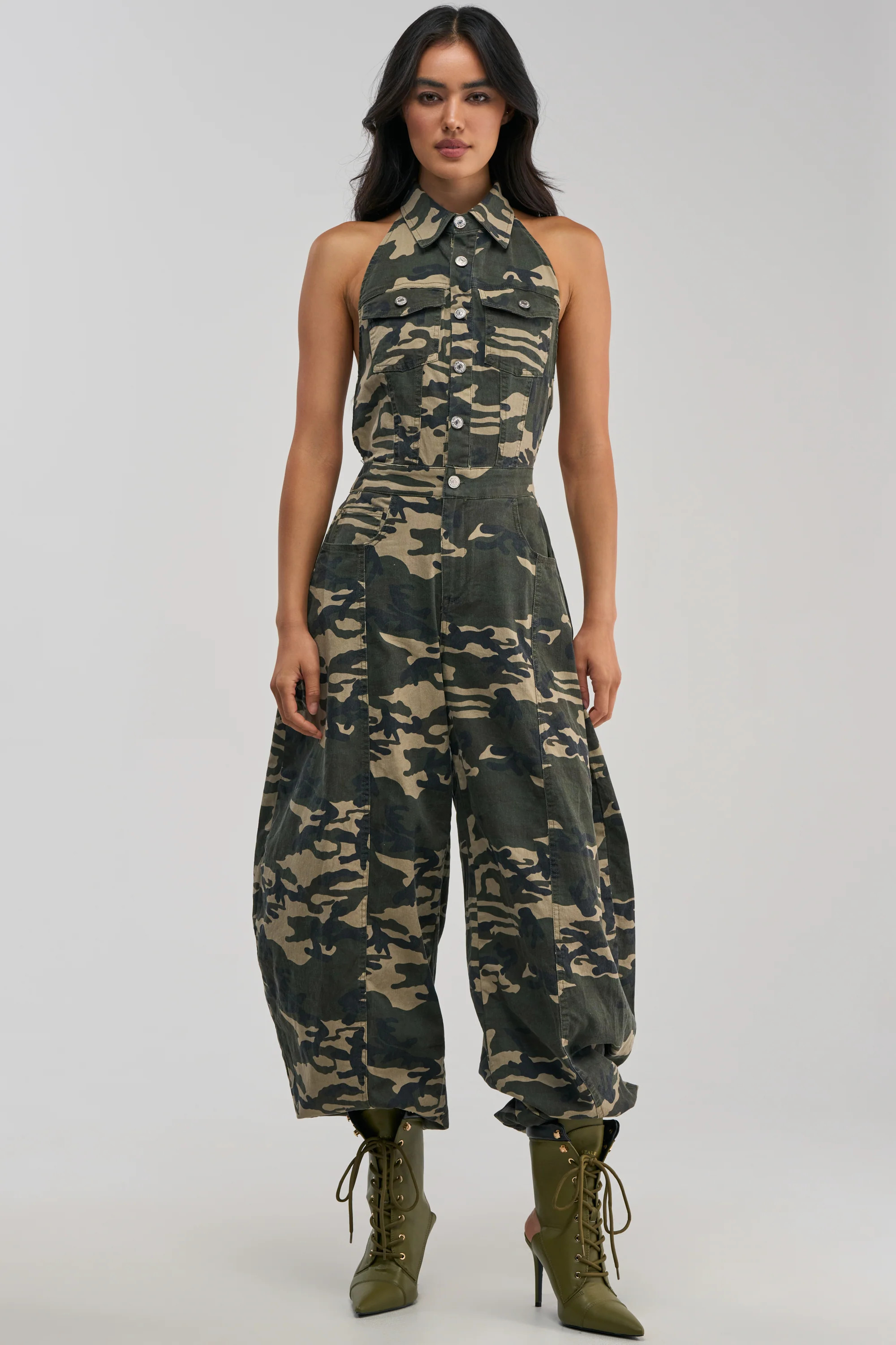 COUNT ME IN CAMO HALTER JUMPSUIT | AKIRA