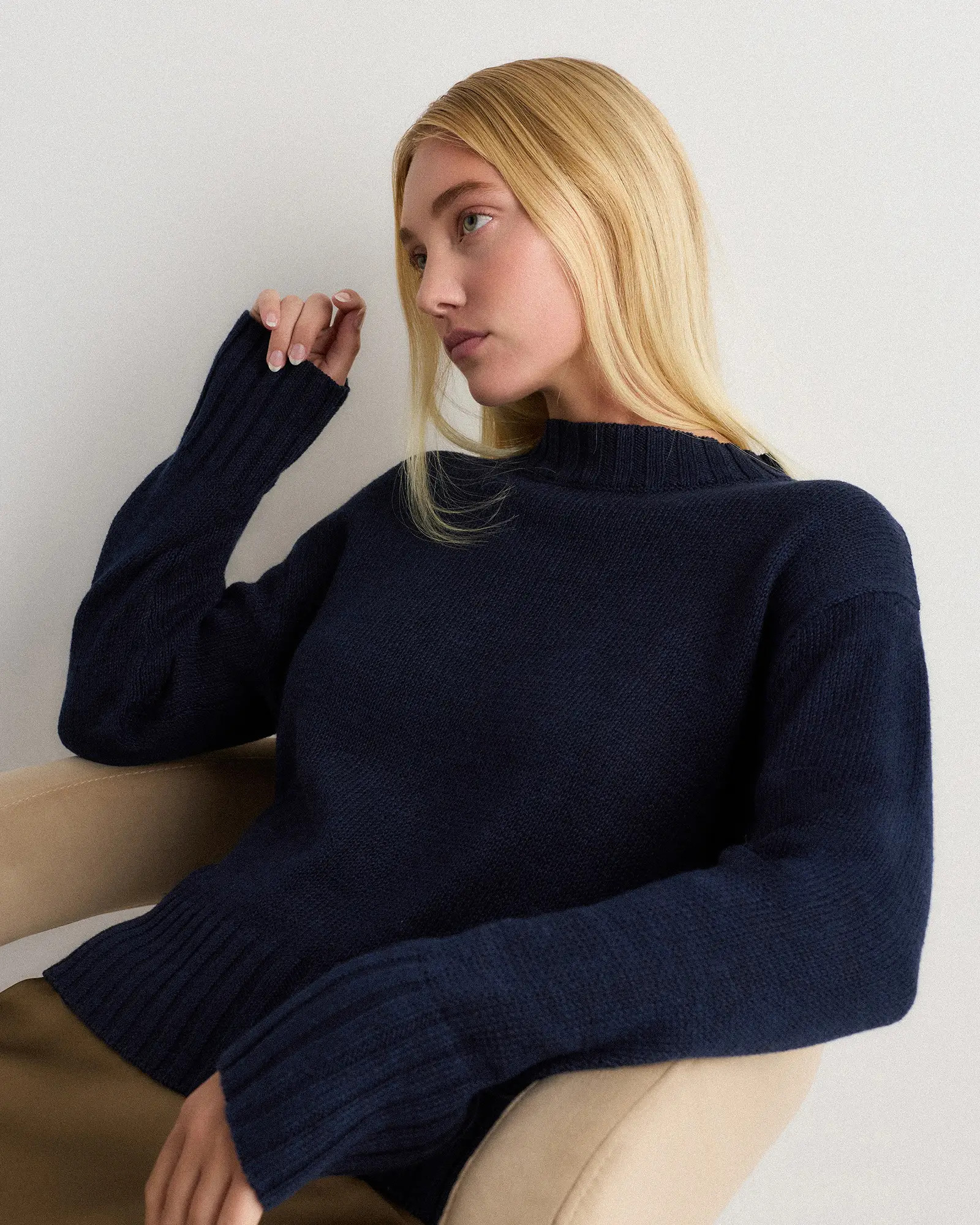 Cotton Linen Relaxed Crew Sweater in Deep Navy | Quince