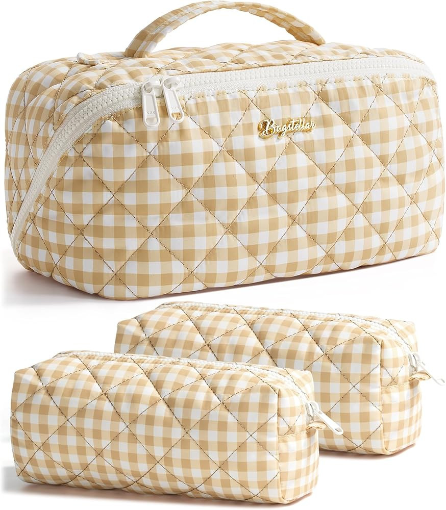 Travel Makeup Bag, 3 Pcs Large Capacity Puffy Toiletry Bag for Women, Open Flat Make up Cosmetic ... | Amazon (US)